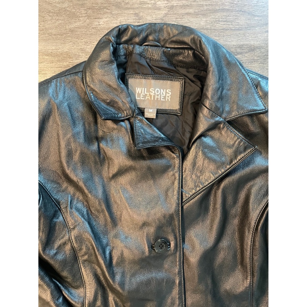 VTG Wilsons Leather Black Genuine Leather Button Front Blazer Jacket Medium - Picture 3 of 7